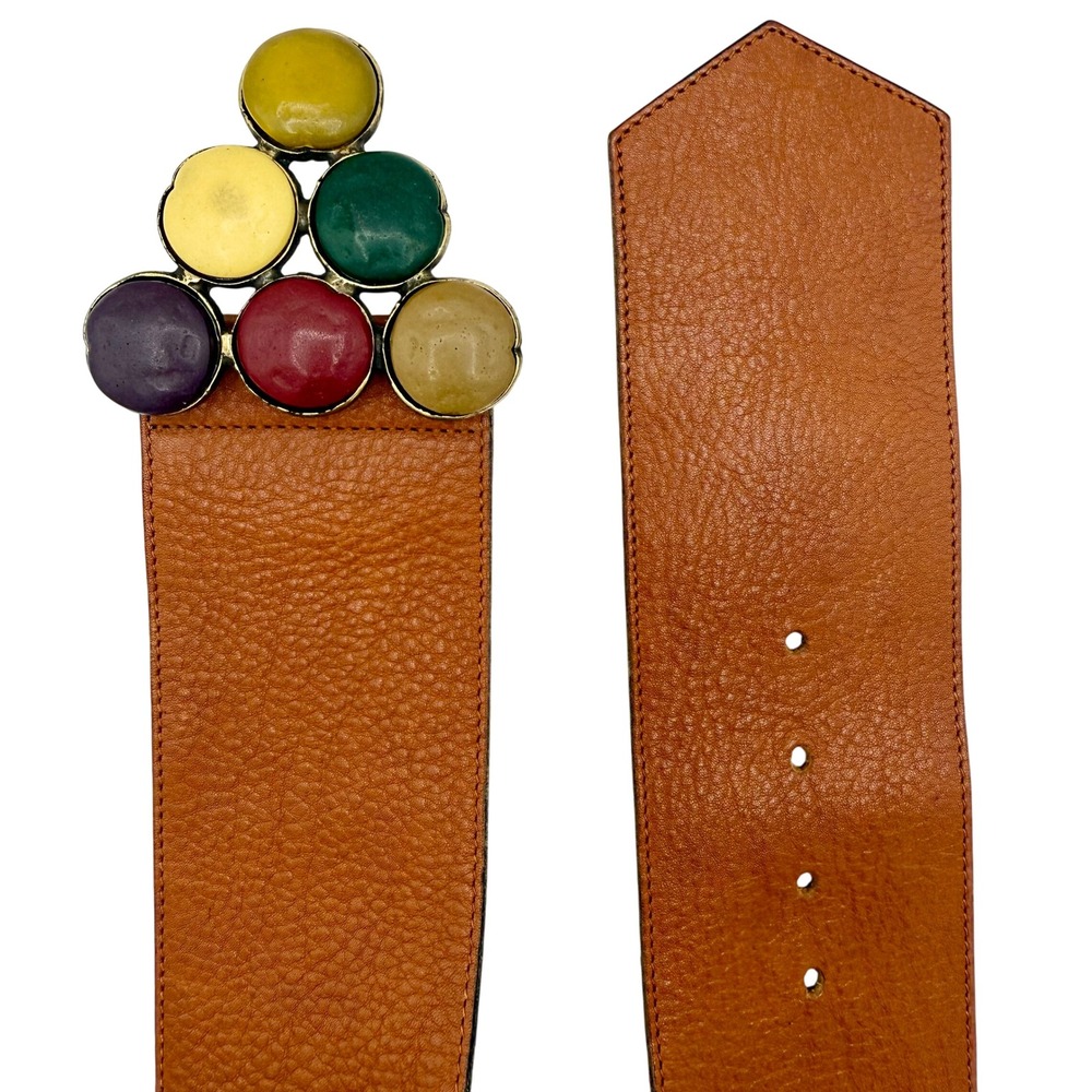 Unbranded Leather Belt Womens Brown Multi Color Cabochon Buckle Italy - Picture 2 of 9